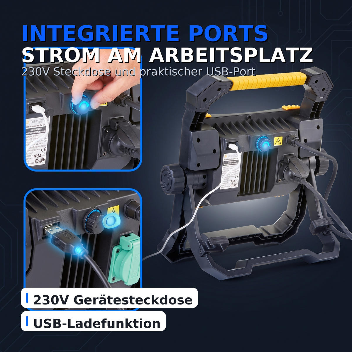 NORTHPOINT LED Baustrahler Arbeitsstrahler 100W 9000 Lumen mit USB-Ausgang stufenlos dimmbar rückseitige Steckdose #1 - Schwarz, Metall (13/77/215cm) - Northpoint