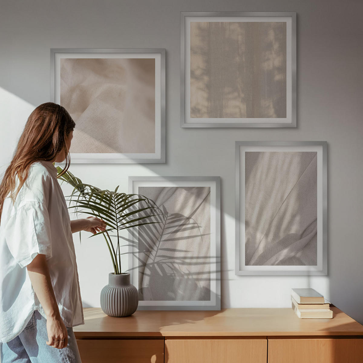 WANDBILDER 4er Set - 50x50 cm & 40x60 cm Silberner Rahmen - Nahaufnahme von natürlichen Boho-Stoffen - Silberfarben, Kunststoff (50/50cm) - ArtPrintCave