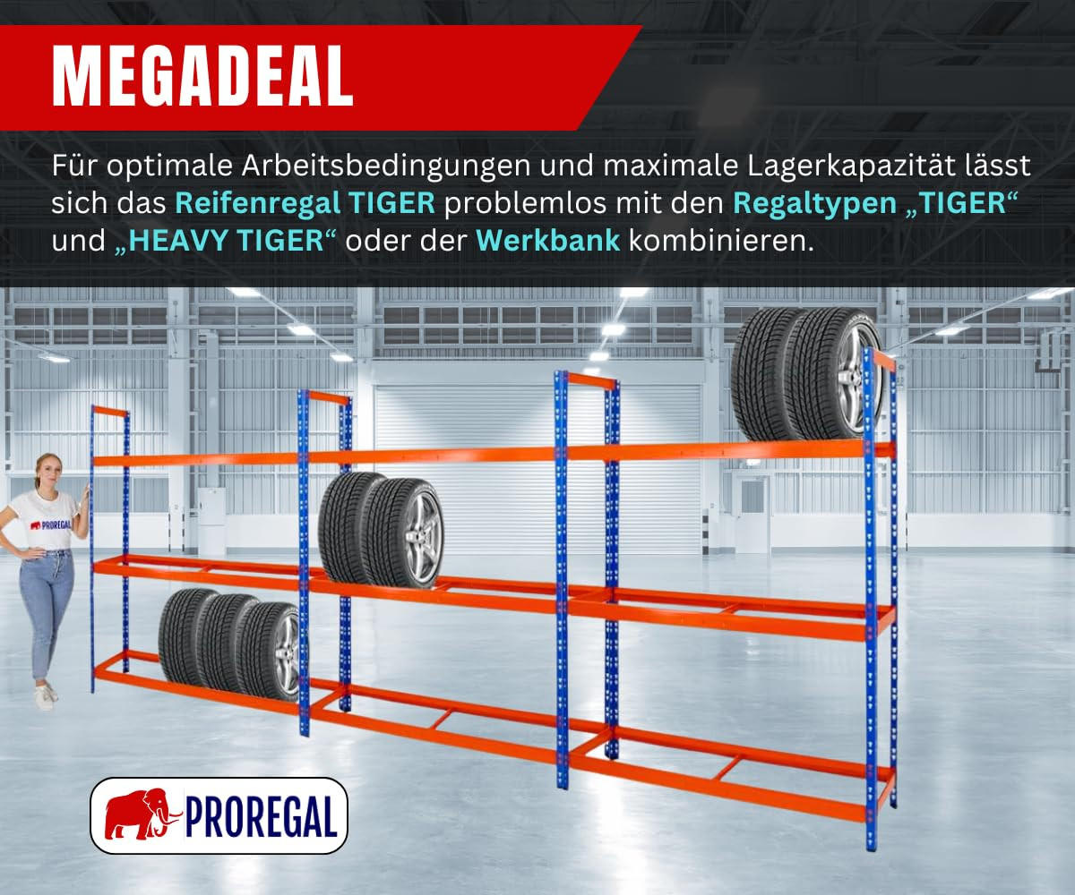 REIFENREGAL Tiger XL 200x180x45 cm 300 kg Fachlast bis zu 21 Reifen auf 3 Ebenen Blau/Orange - Blau/Orange, Metall (180/200/45cm) - PROREGAL