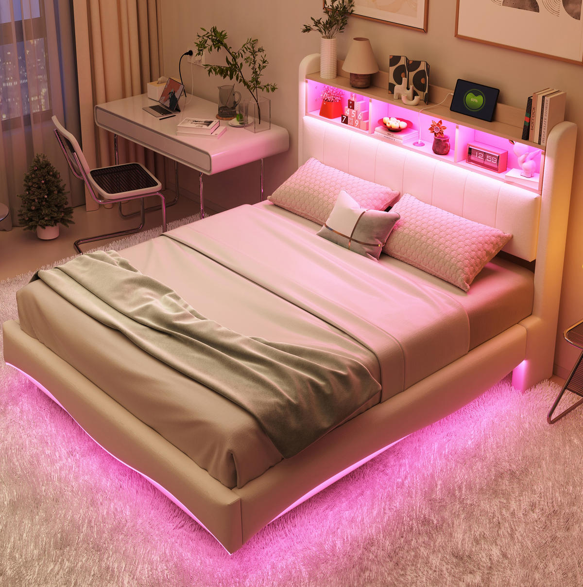 ČALÚNENÁ posteľ 140/200 cm s LED osvetlením, USB a Type-C portom, úložným priestorom a kovovým rámom, Béžová - béžová, textil (140/200cm) - Redom