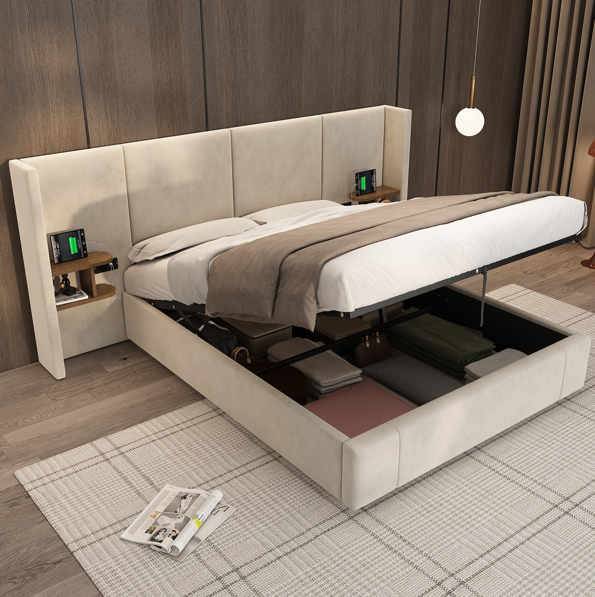 POLSTERBETT 160/200 cm aus Samt mit USB, Steckdosen und 2 Nachttischen Beige - Beige, Textil (160/200cm) - Modenvie