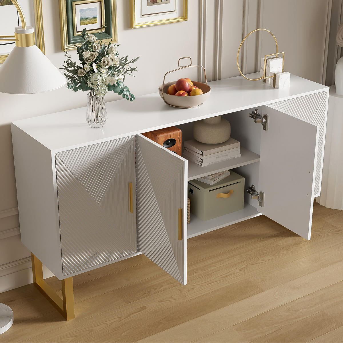SIDEBOARD 150cm Modern Luxuriös Weiß Goldene Griffe 4 Türen - Weiß, Holzwerkstoff (40/82/150cm) - FLIEKS