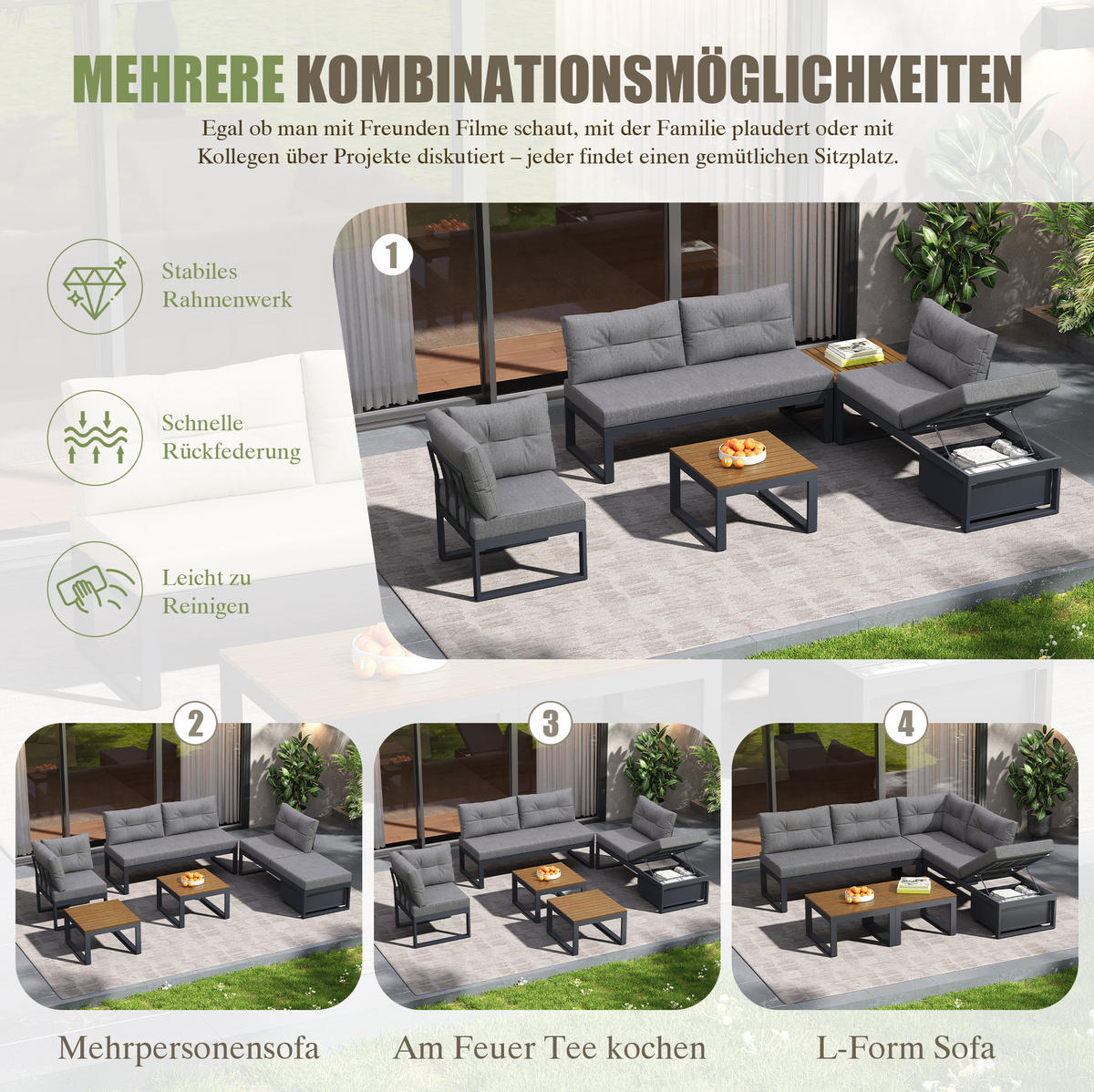GARTENLOUNGE 191,5/191,5/79 cm mit 3-fach verstellbarer Rückenlehne, Liegefunktion und Stauraum, Polyester, Grau - Grau, Textil - Redom