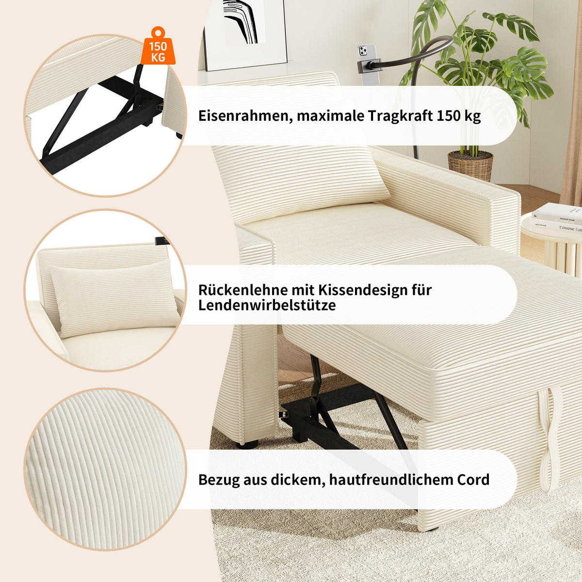 RELAXSESSEL 93/78/85 cm Beige mit Klapptisch und Handyhalter - Beige, Textil (93/85/150cm) - Oxeza