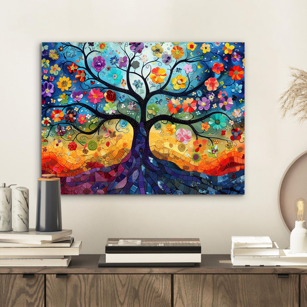 KOVOVÝ OBRAZ Umenie - Strom života - Kvety - Hippie 40x30 cm - tmavomodrá, kov (40/30cm) - MuchoWow
