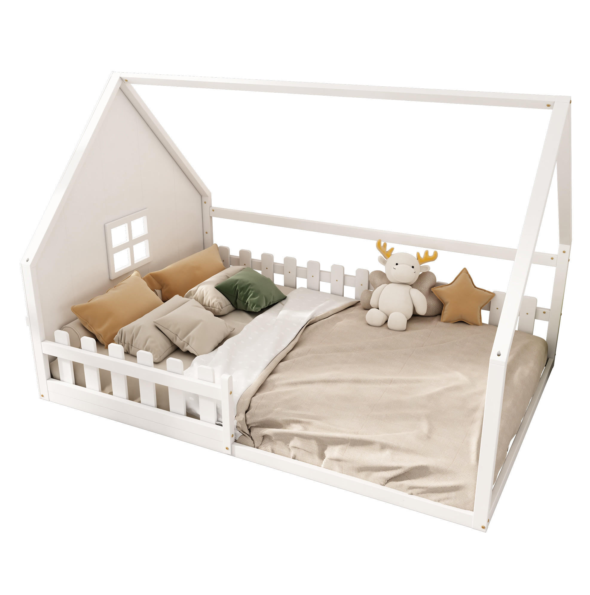 KINDERBETT 140/200 cm mit Hausrahmen und Geländer aus Kiefer und MDF, Weiß - Weiß, Holzwerkstoff (140/200cm) - Redom