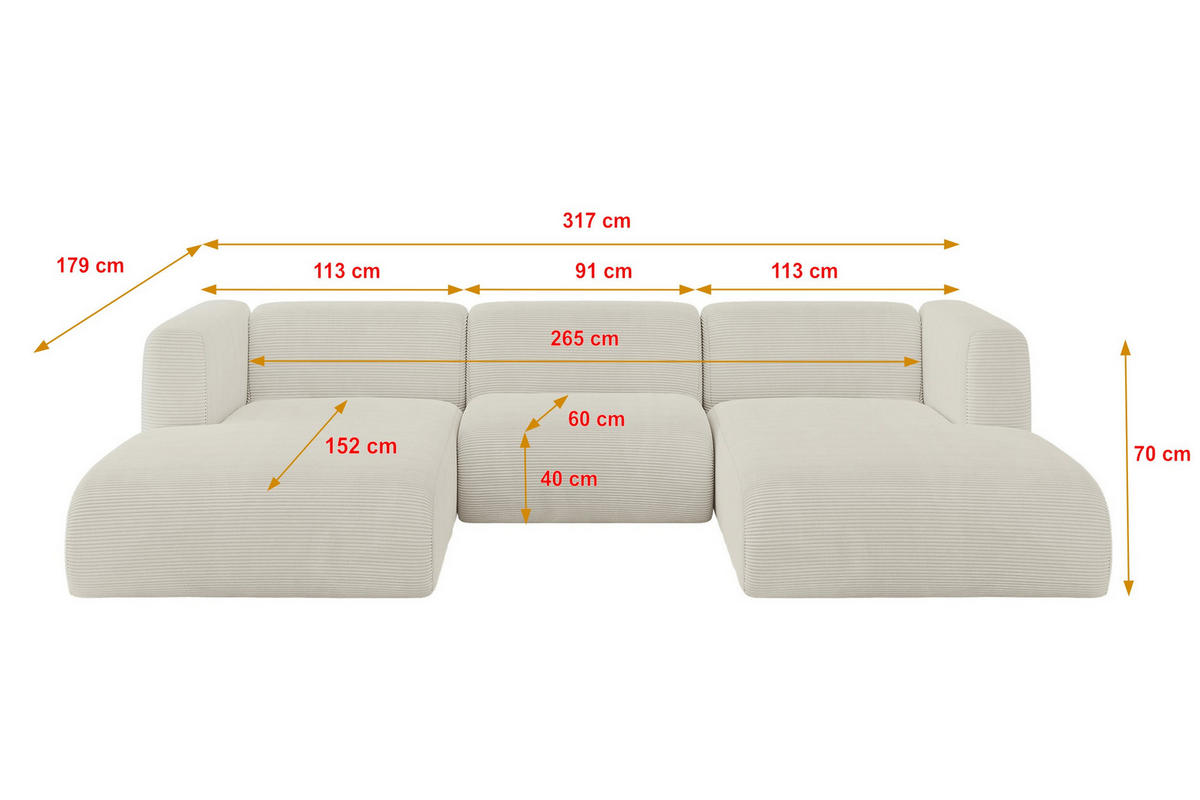 WOHNLANDSCHAFT MIRA-U1 317x179x70 Creme Cord - Ecru/Creme, Holzwerkstoff/Kunststoff (317/70/179cm) - ALTDECOR