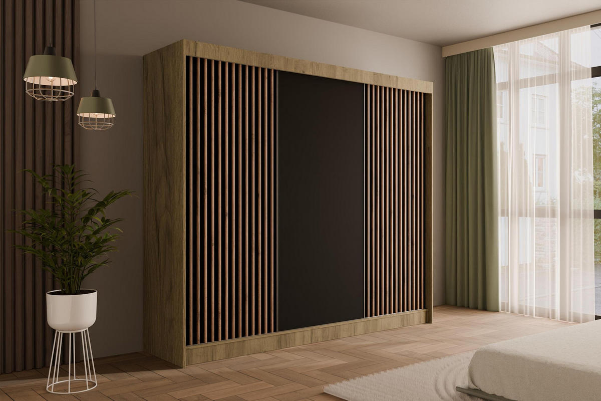 KLEIDERSCHRANK mit Lamel-Schiebetüren VILANv2 - 250 cm Eiche Kraft + Lamelle Eiche Wotan - Hellbraun/Eiche Wotan, Holzwerkstoff (250/215/61cm) - ALTDECOR