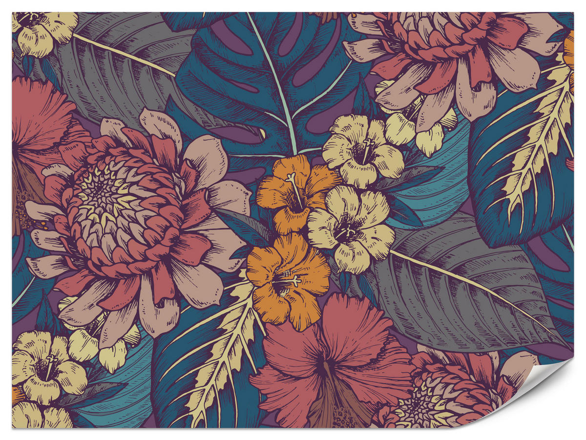 FOTOTAPETE für Schlafzimmer Retro Bunte Blätter Blumen Pflanzen 200x140 - Türkis/Blau, Papier (200/140cm) - Muralo