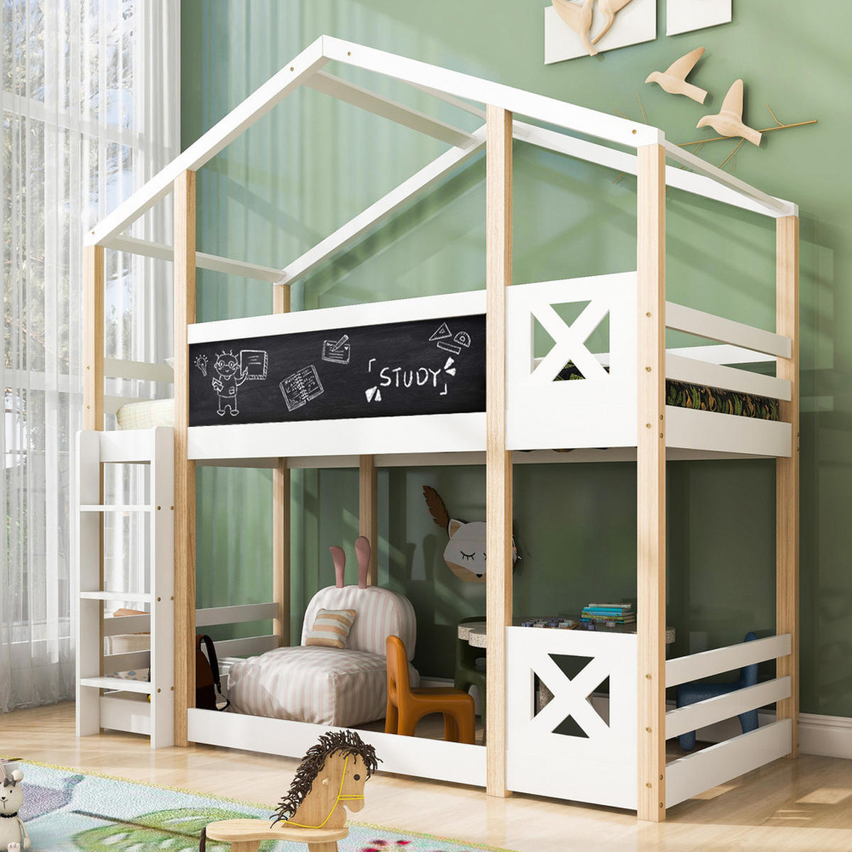 HOCHBETT BAUMHAUS 90x200cm mit Leiter Natur & Weiß - Weiß, Holz (90/200cm) - FLIEKS