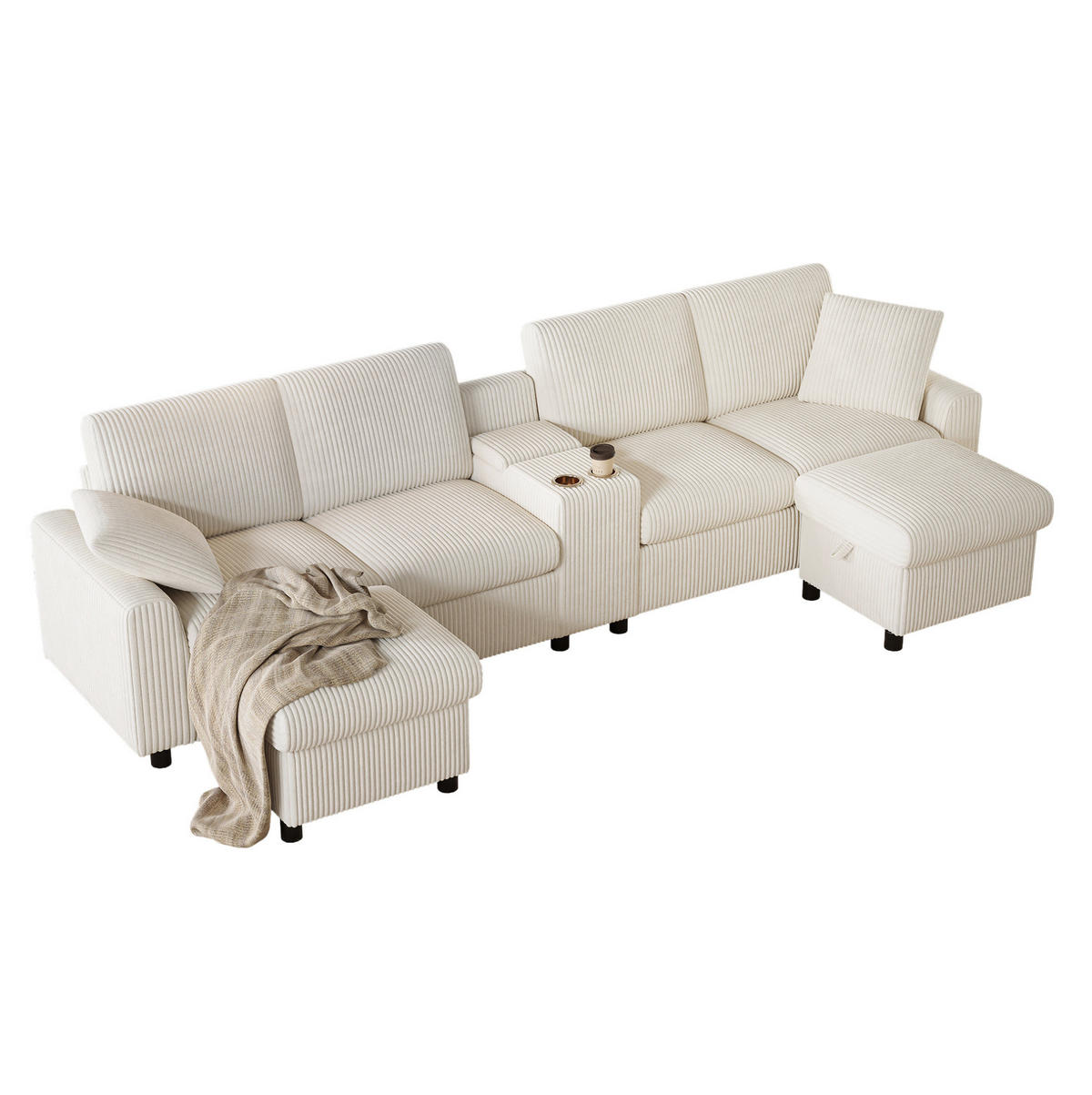 U pohovka 315/135/81 cm béžová z manšestru s úložnými taburety a USB nabíjením - béžová, textil (315/81/135cm) - OKWISH
