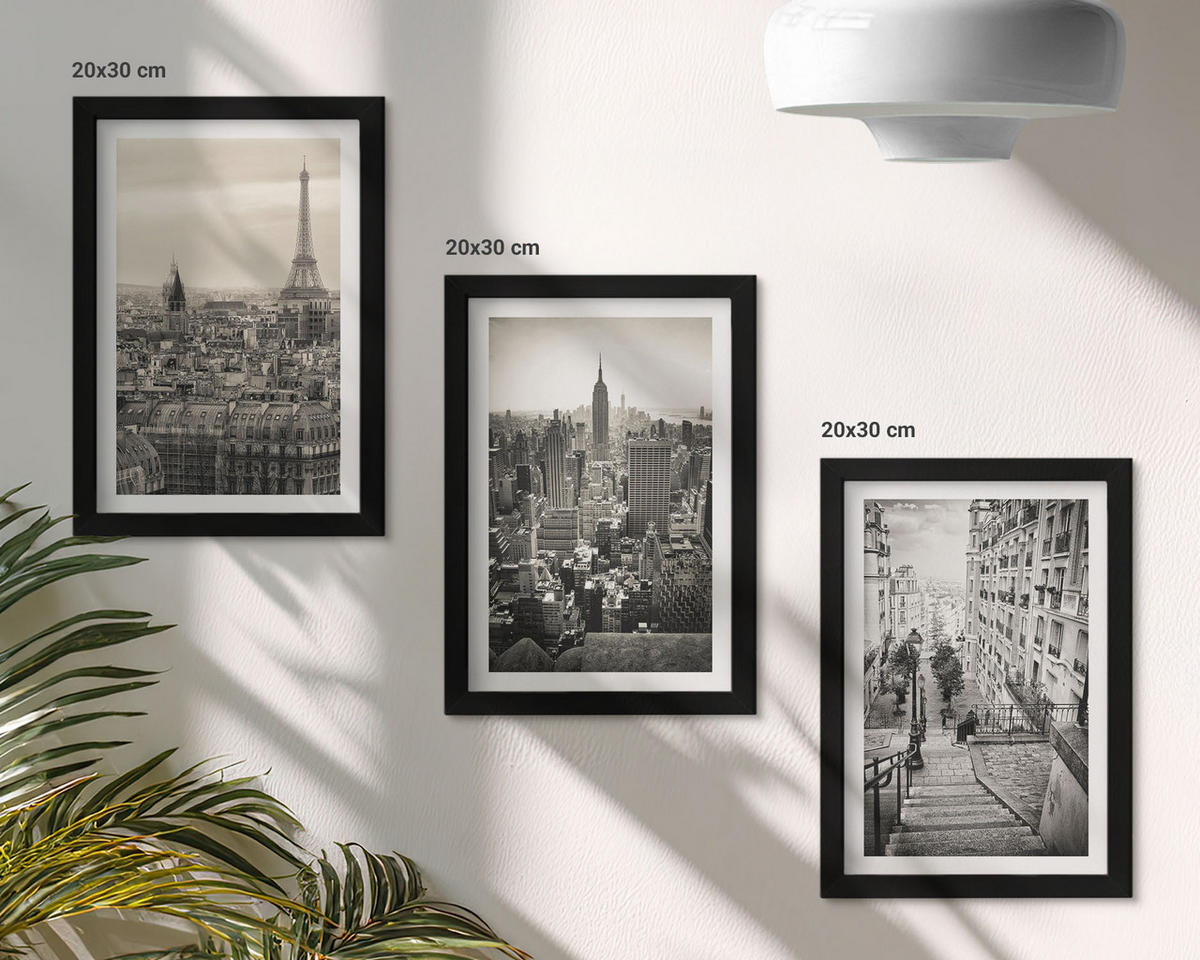 BILDER SET 3er Set - 20x30 cm Schwarzer Rahmen - Aussicht Paris New York Treppen - Schwarz, Kunststoff (20/30cm) - TULUP