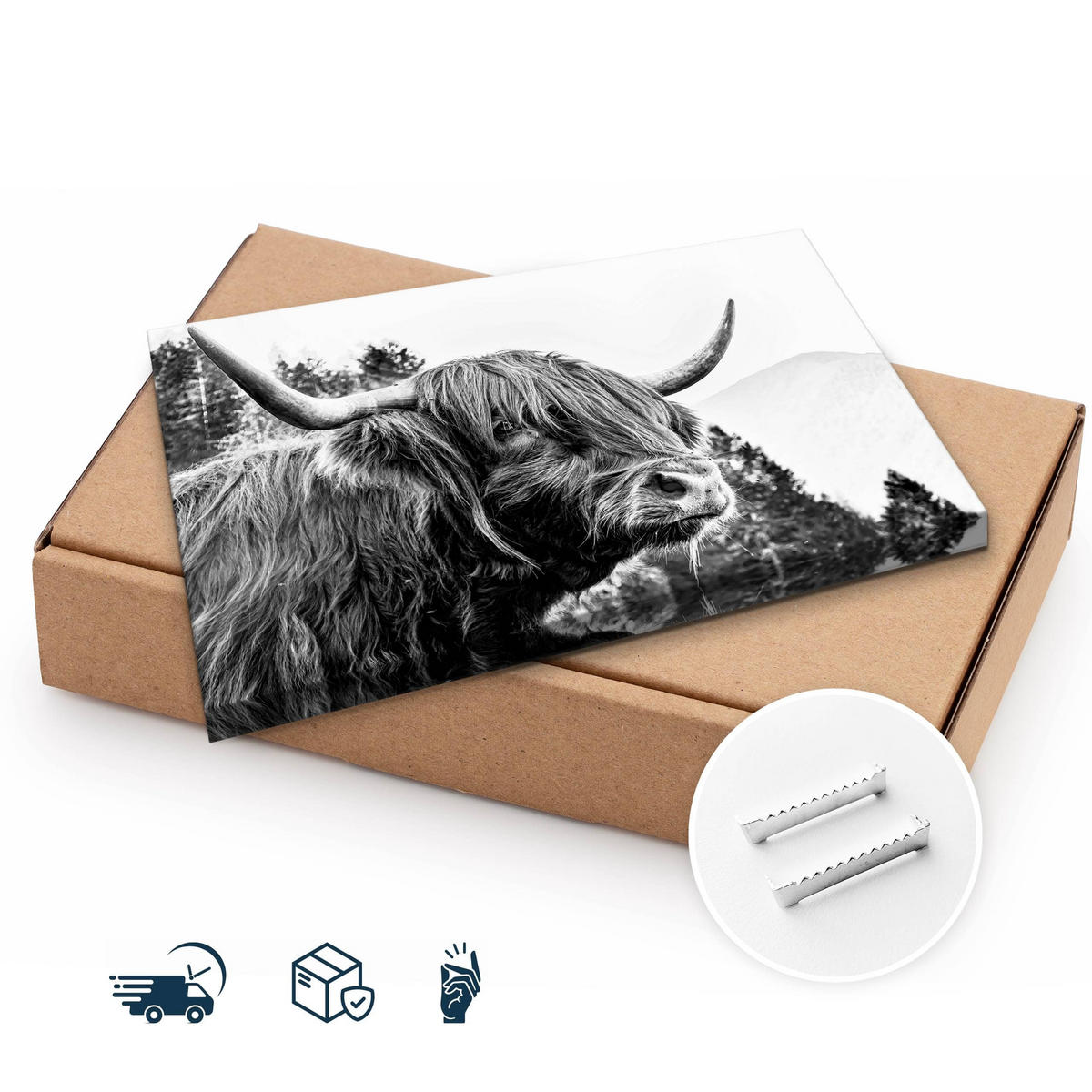 LEINWANDBILD für Wohnzimmer Schottische Kuh Bergen Natur 3D 90x60 - Schwarz/Weiß, Textil (90/60cm) - Muralo