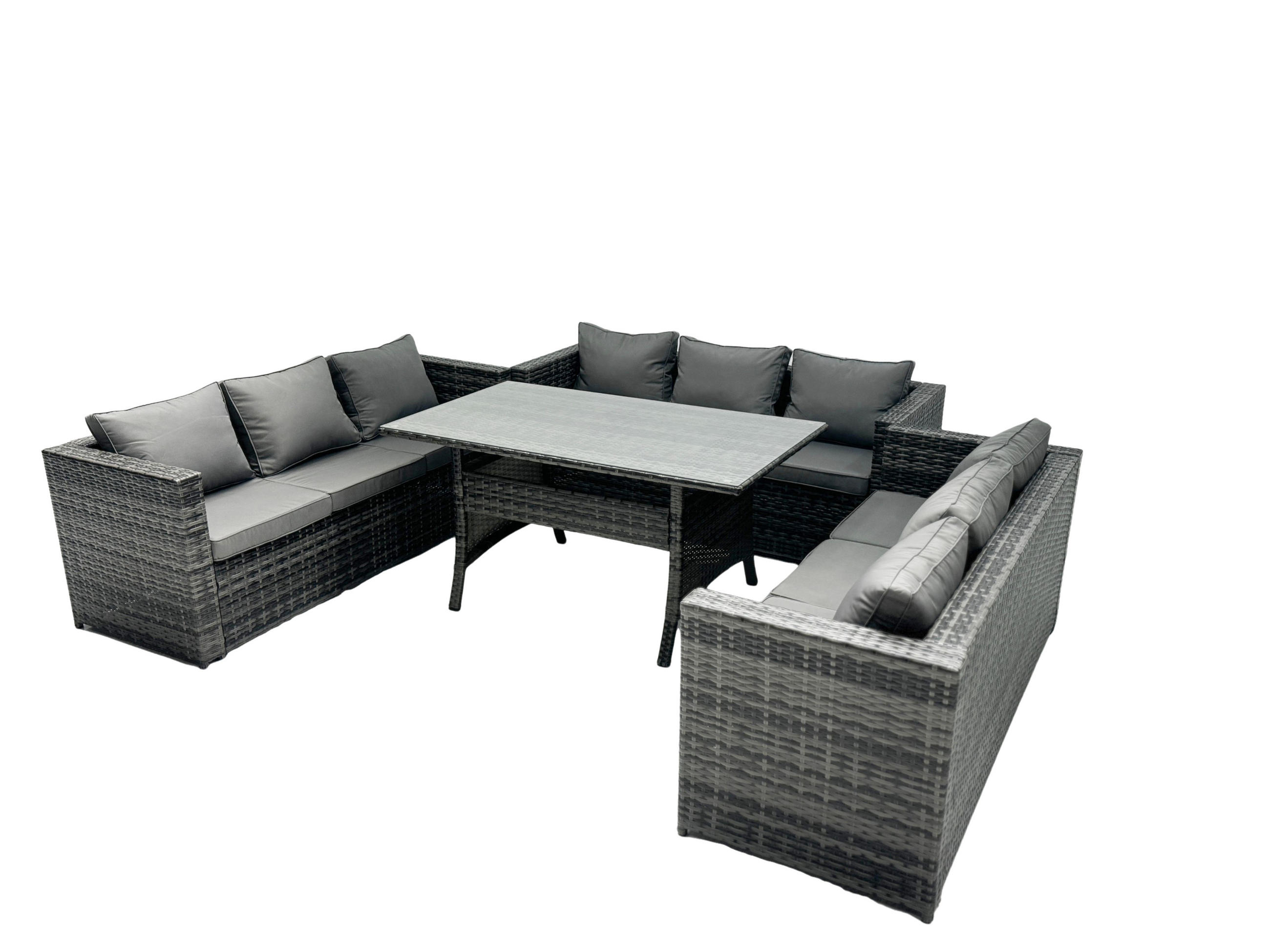 GARTENMÖBEL SET mit Esstisch Polyrattan 9-Sitzer - Dunkelgrau/Grau, Glas/Kunststoff - Fimous