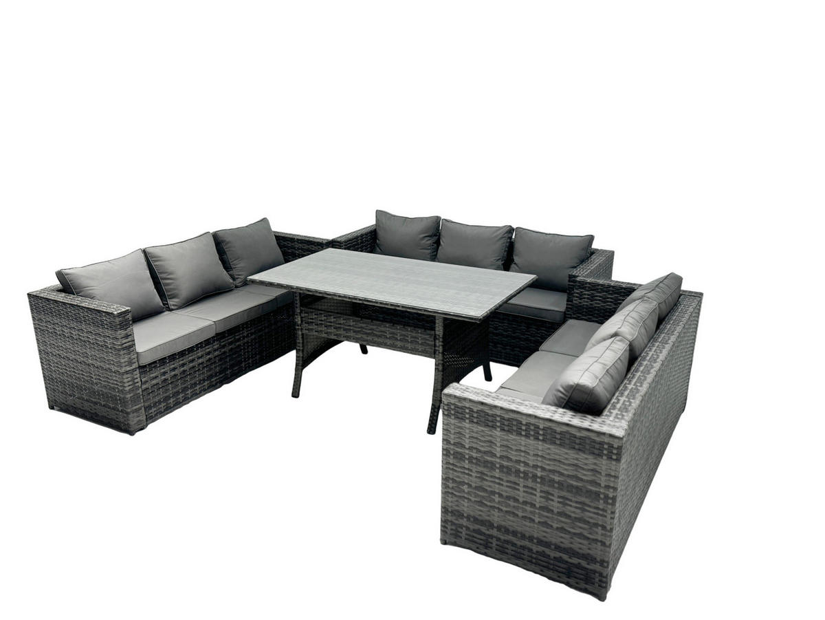 GARTENMÖBEL SET mit Esstisch Polyrattan 9-Sitzer - Dunkelgrau/Grau, Glas/Kunststoff - Fimous