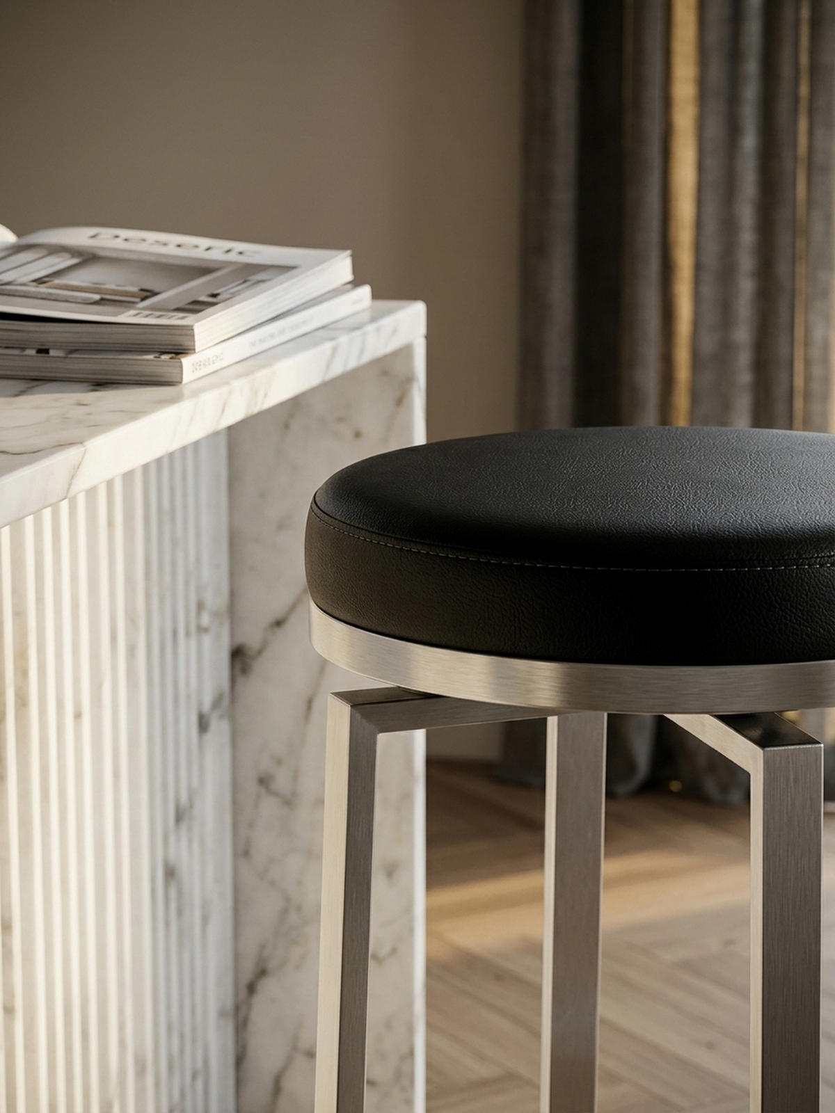 BARHOCKER – Edelstahl, drehbar, gepolsterte Sitzfläche, 76 cm - Silberfarben/Schwarz, Kunststoff/Textil (42/76/42cm) - KADIMA DESIGN