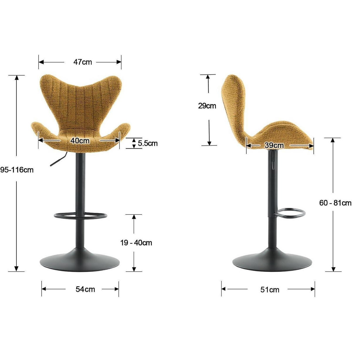 BARHOCKER 4er Set Chenille Gelb höhenverstellbar mit Lehne - Gelb, Textil (54/116/51cm)