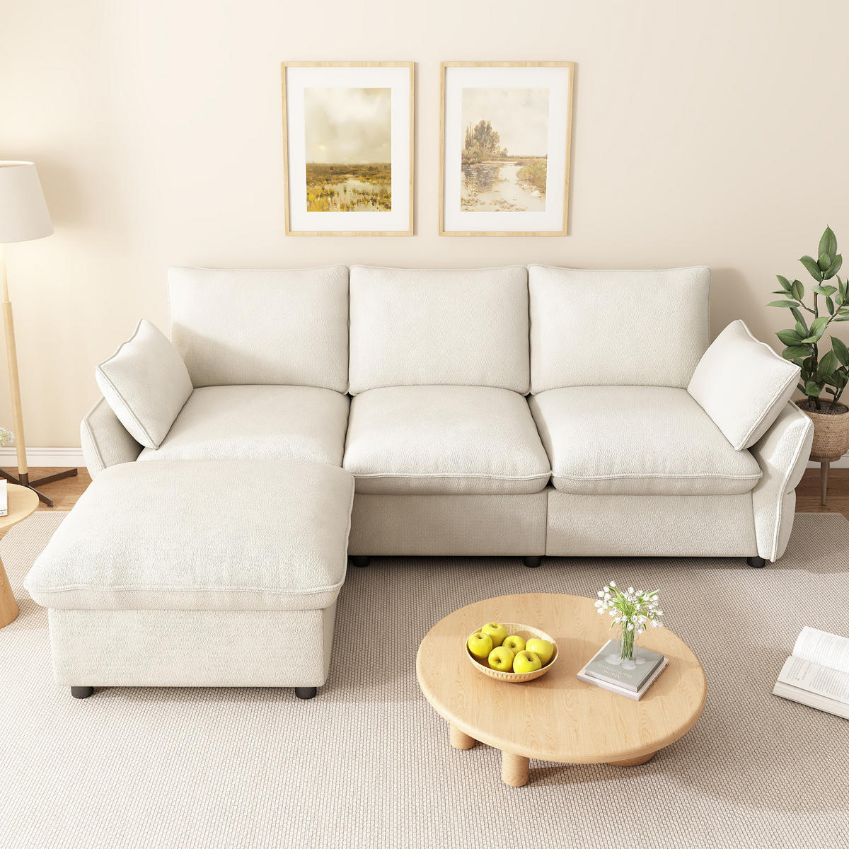 ECKSOFA 222.5/154.5/76.5 cm Beige Chenille mit 1 Fußhocker - Beige, Textil (222.5/154.5cm) - Oxeza