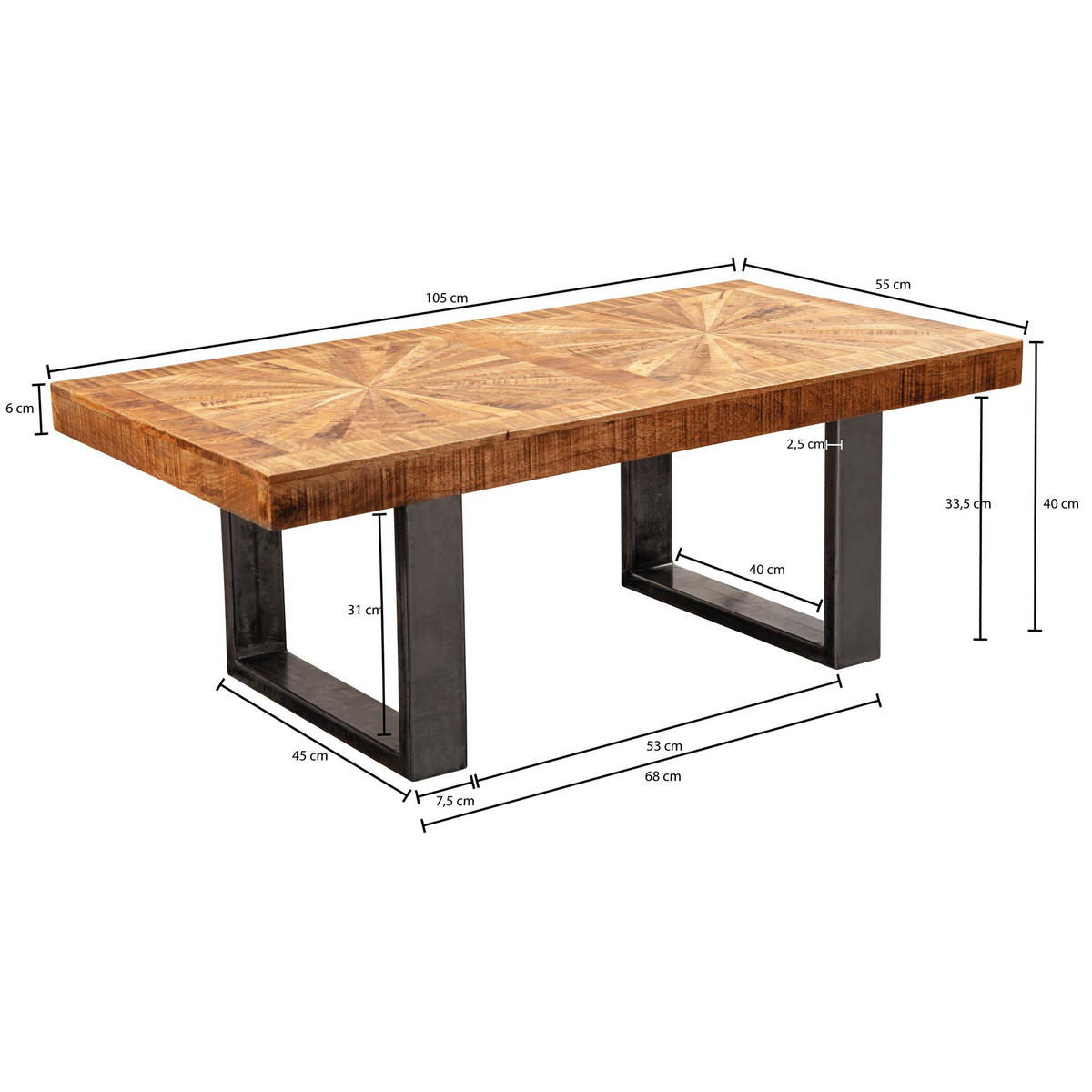 COUCHTISCH Mangoholz in Rustikalem Stil mit Metallbeinen, Maße 105x40x55 cm, Traglast 50 kg - Anthrazit/Braun, Holz/Metall (55/105/40cm) - KADIMA DESIGN