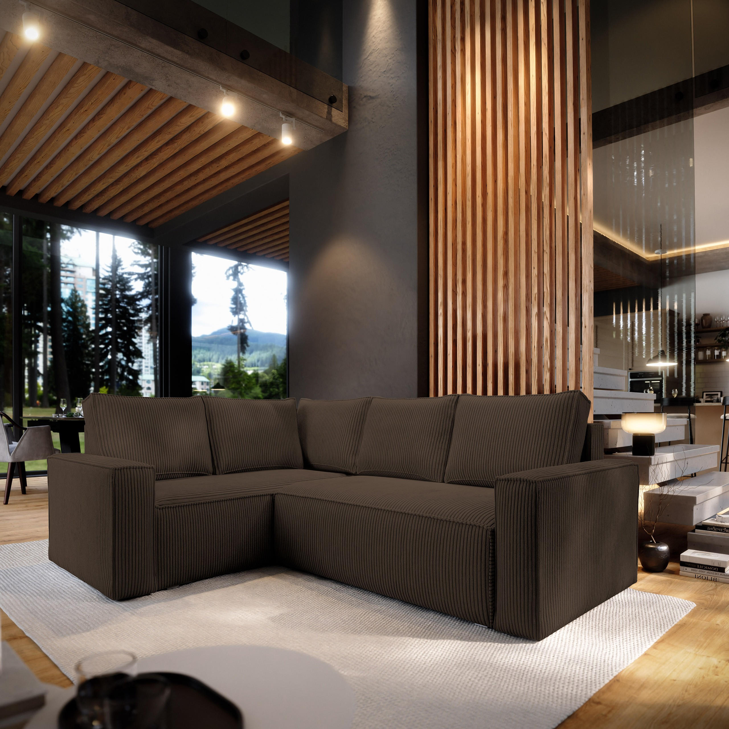 ECKSOFA ESTANO L-S Braun Kordstoff mit Schlaffunktion - Braun, Holz (230/158cm) - MASSENO