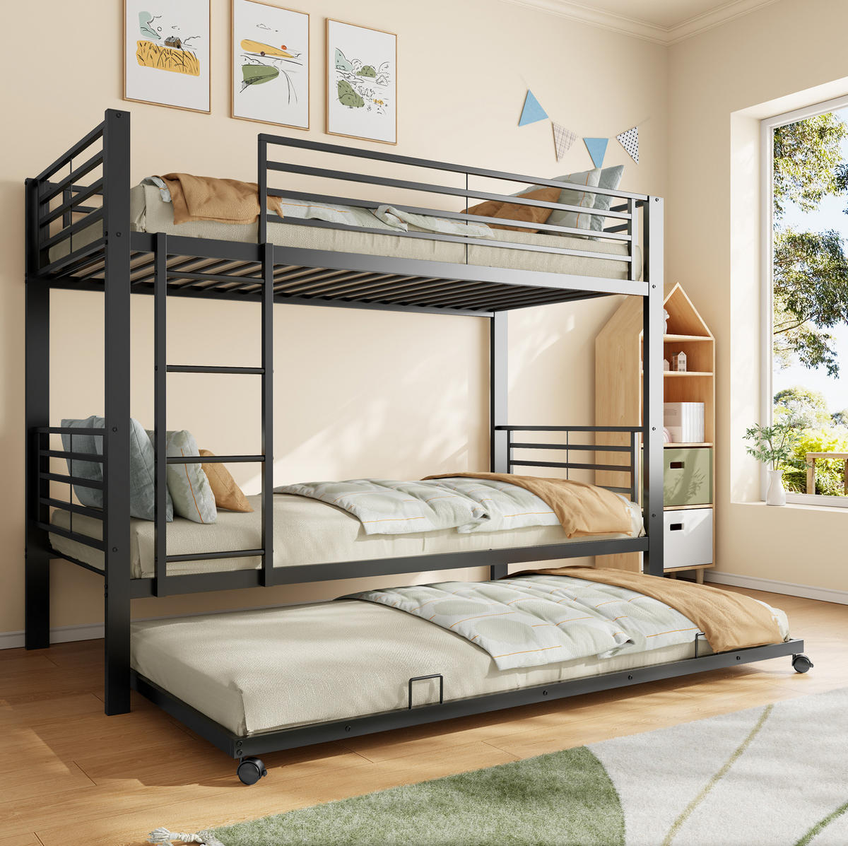 ETAGENBETT Metall 90x200 cm Schwarz mit Ausziehbett platzsparendes Kinderbett für 3 Personen - Schwarz, Metall (90/200cm) - Modfu