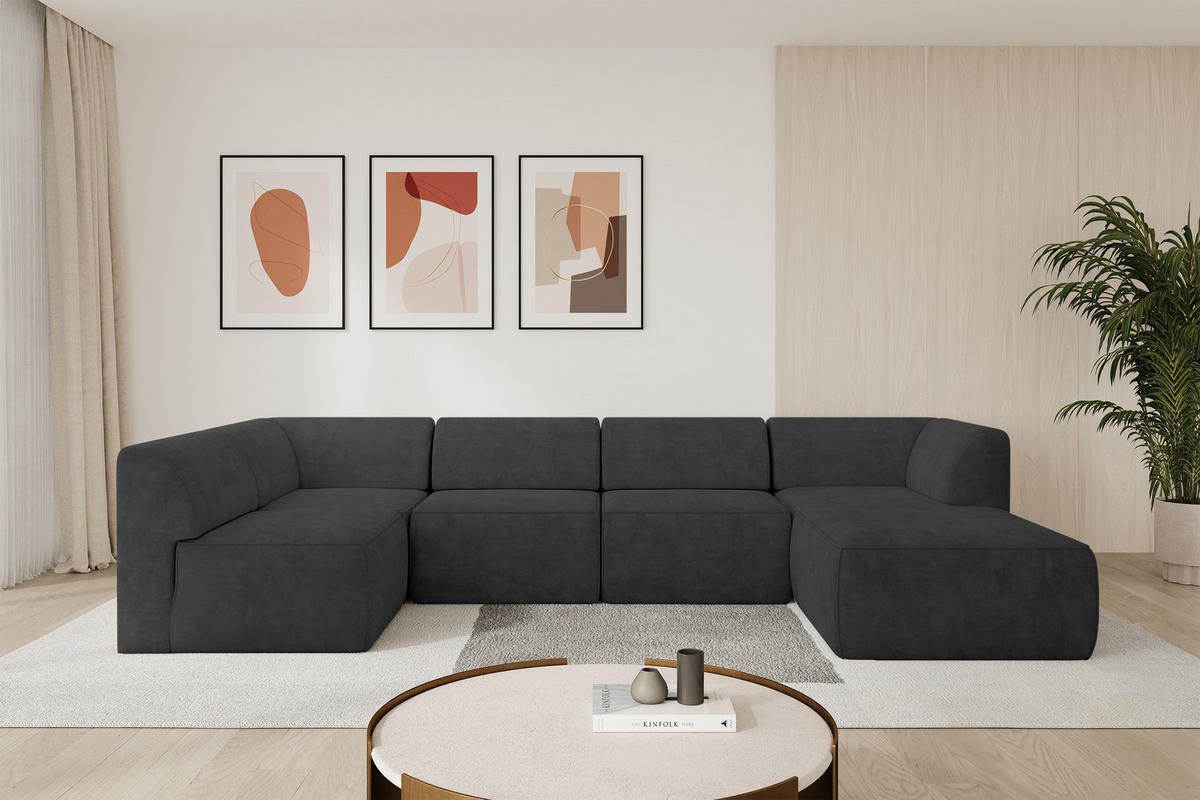 WOHNLANDSCHAFT Ottomane Rechts MOVO-L 345x180x78 cm Dunkelgrau Velours - Eschefarben, Holzwerkstoff/Kunststoff (180/78/345cm) - ALTDECOR