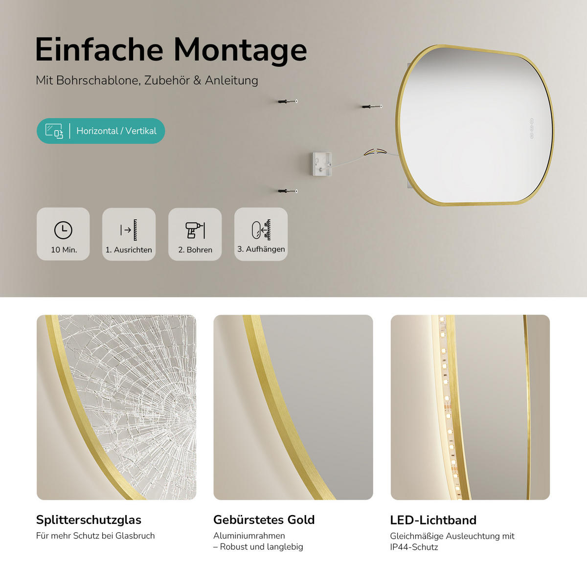 OGLINDA de baie cu LED-uri Auriu 50/90/3 cm - auriu, sticlă (50/90/3cm) - EMKE