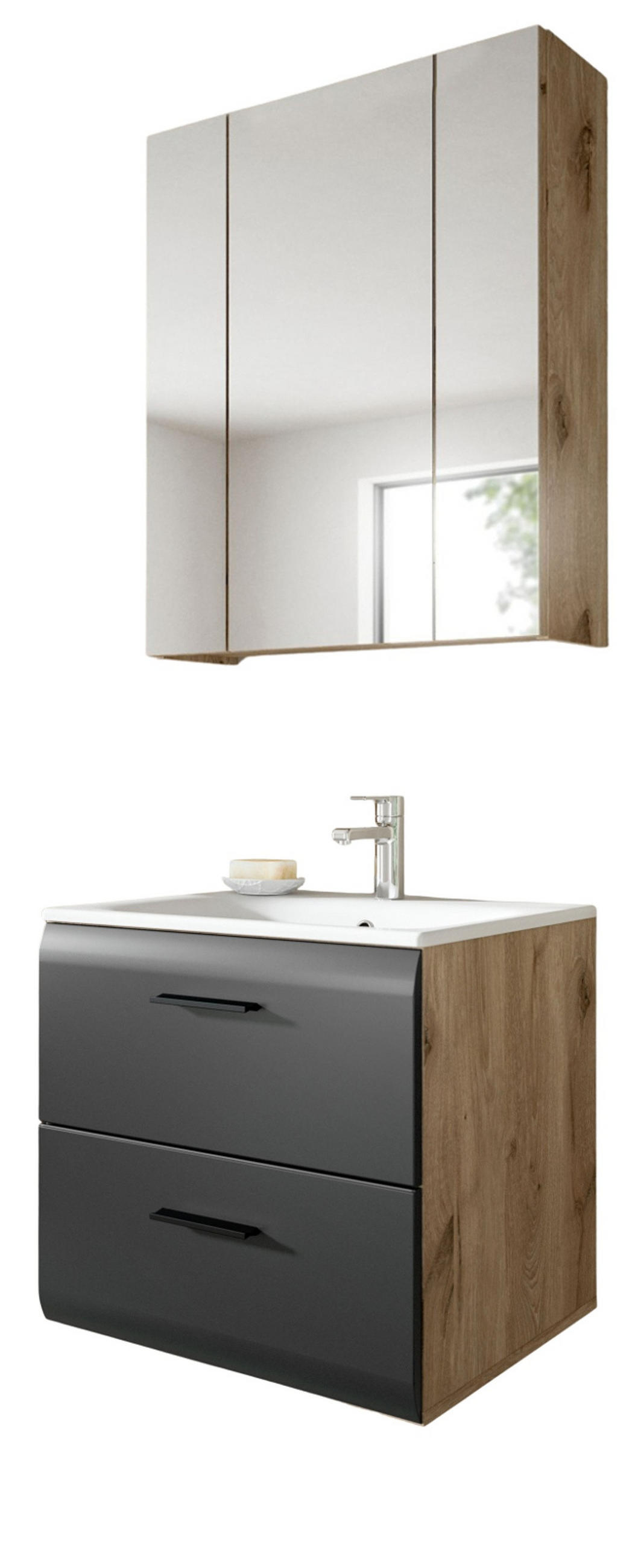 BADMÖBEL Set 2-teilig in schwarz matt und Nox Eiche Badkombination 60 x 185 cm Cover - Eichefarben/Schwarz, Glas/Holz (60/185/46cm) - Inn.Furn