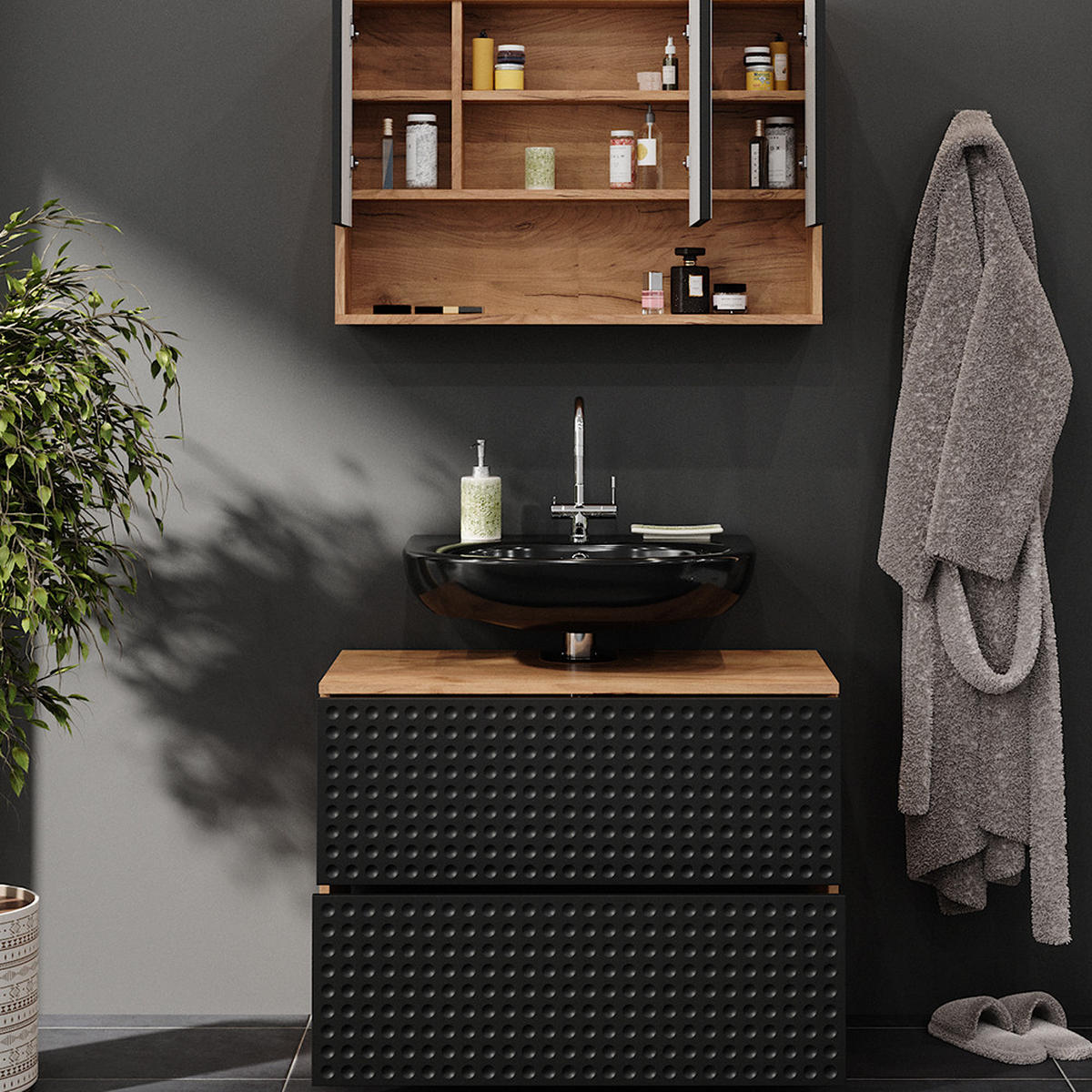 BADMÖBEL-SET Irma Anthrazit gepunktet 2 Teile, Unterschrank 80 cm - Honigeiche/Anthrazit, Holzwerkstoff (80/58.6/41cm) - Vicco