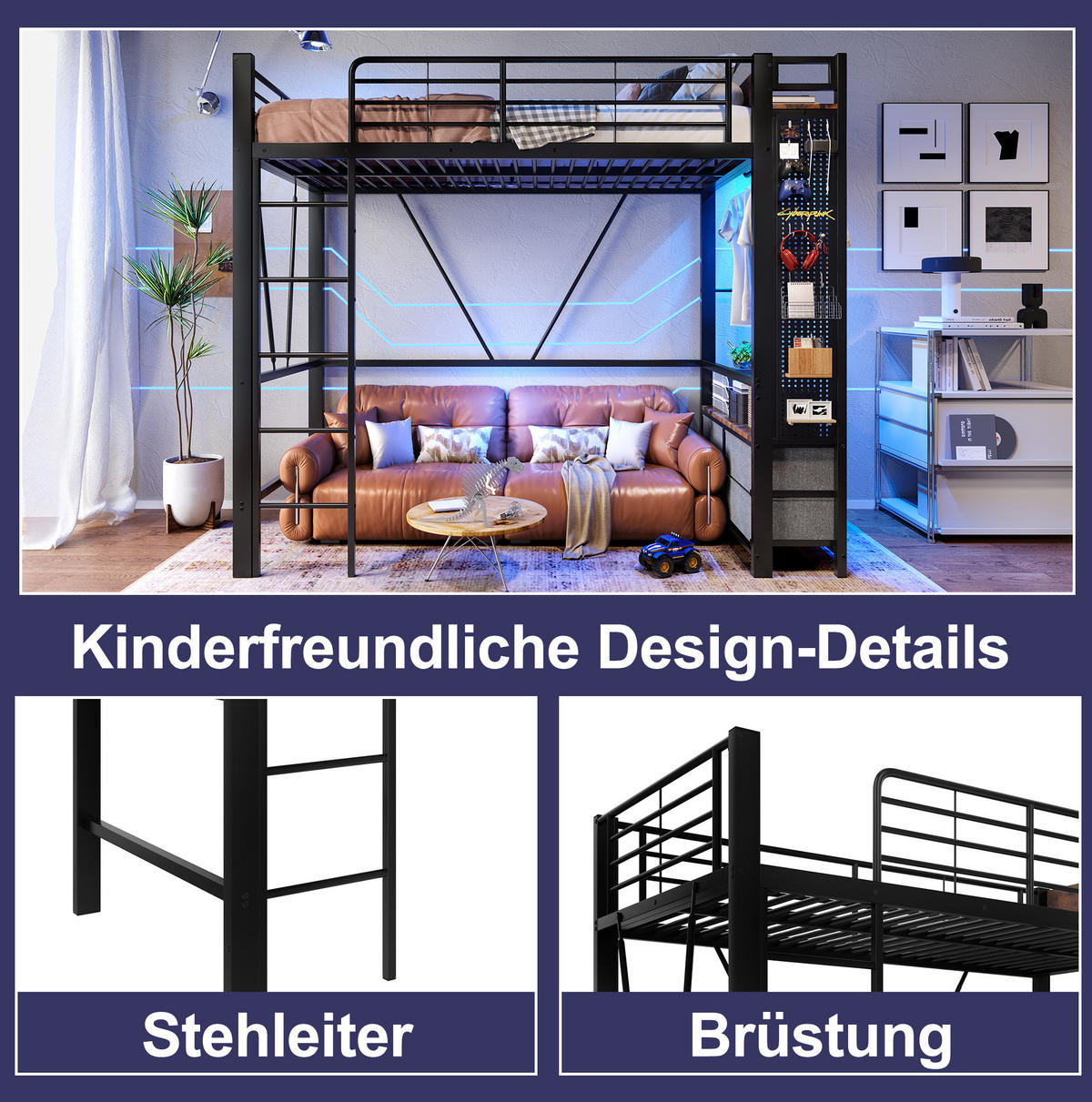 HOCHBETT 90/200 cm aus Metall mit 4 Schubladen, LED-Beleuchtung und USB-Anschlüssen - Schwarz, Metall (90/200cm) - Flora Grace