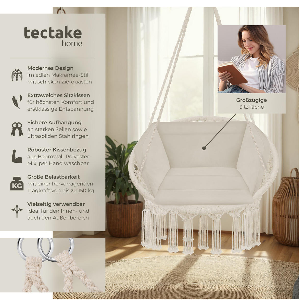 HÄNGESESSEL Grazia,80 x 72 x 125 cm,beige - Beige, Kunststoff/Metall (80/125/72cm) - tectake