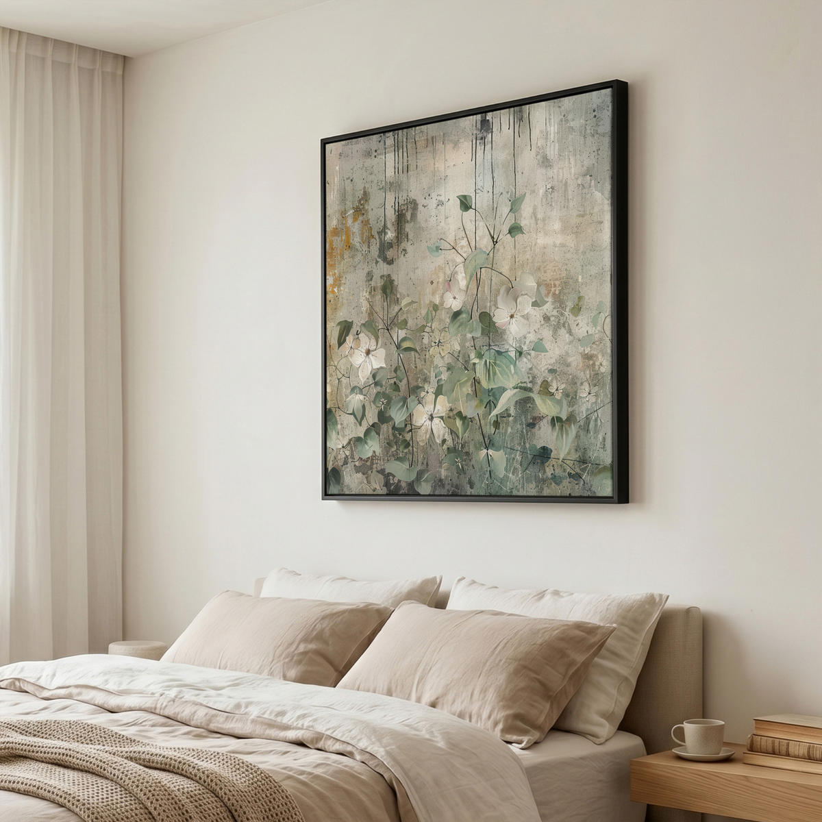 LEINWAND Bilder mit Rahmen - Blumen - Blätter - Abstrakt - Modern - 90x90 - Grau, Textil (90/90cm) - MuchoWow
