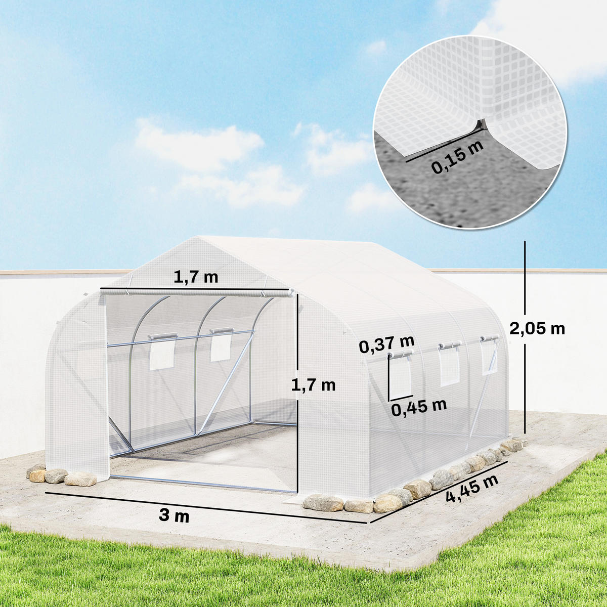 TUNNELGEWÄCHSHAUS DE-05835 mit 6 aufrollbaren Fenstern 445/300/205 cm Weiß - Weiß, Kunststoff/Metall (300/205/445cm) - ComfortXL