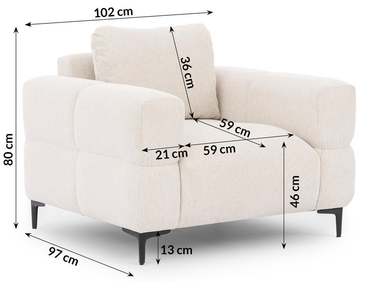 SESSEL Cardea in Bubble-Optik aus weichem Creme Strukturstoff mit hohem Sitzkomfort - Creme/Schwarz, Holz/Textil (102/80/97cm) - S-Style Möbel