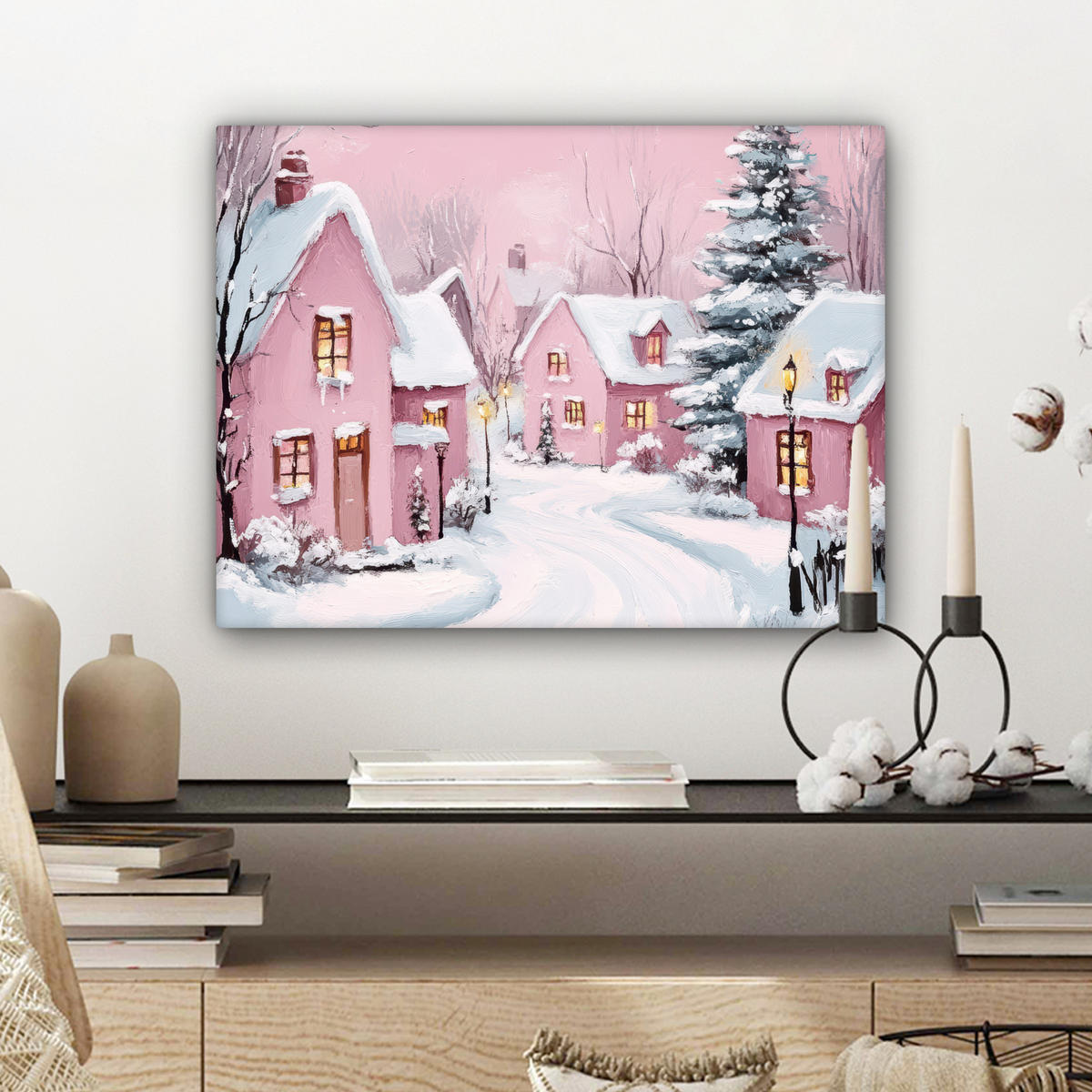 LEINWANDBILD Weihnachtsdorf - Rosa - Winter - Schnee - Häuser Wandbild 40x30 cm - Altrosa, Textil (40/30cm) - MuchoWow