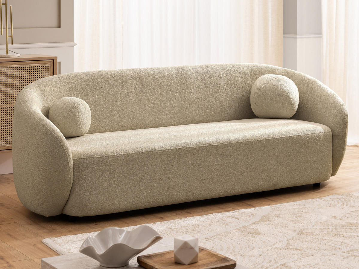 3-SITZER-SOFA Roundi Beige Bouclé - Beige/Schwarz, Holz/Kunststoff (208/76/80cm) - S-Style Möbel