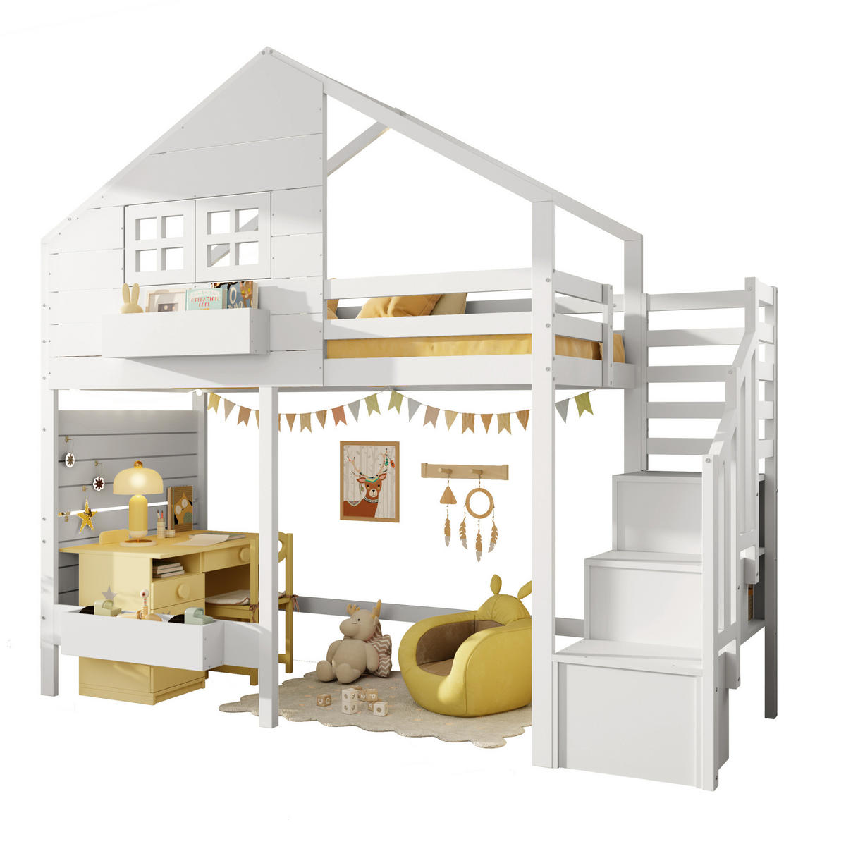 ETAGENBETT 90x200 cm mit Stauraumtreppe und Fenster Weiß - Weiß, Holzwerkstoff (90/200cm) - Beauniv
