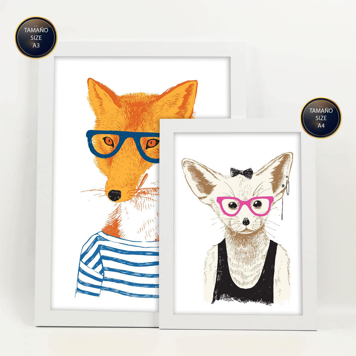 POSTER Set Mit 6 Tiere 2 Größe A3 & A4 Weißer Rahmen - Weiß, Papier (29.7/1cm) - Nacnic