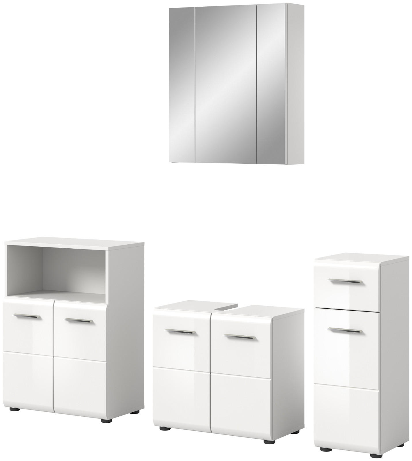 BADMÖBEL-SET weiß Hochglanz, Badkombination 4-teilig 180 cm - Weiß Hochglanz/Silberfarben, Glas/Holzwerkstoff (180/185/30cm) - Inn.Furn