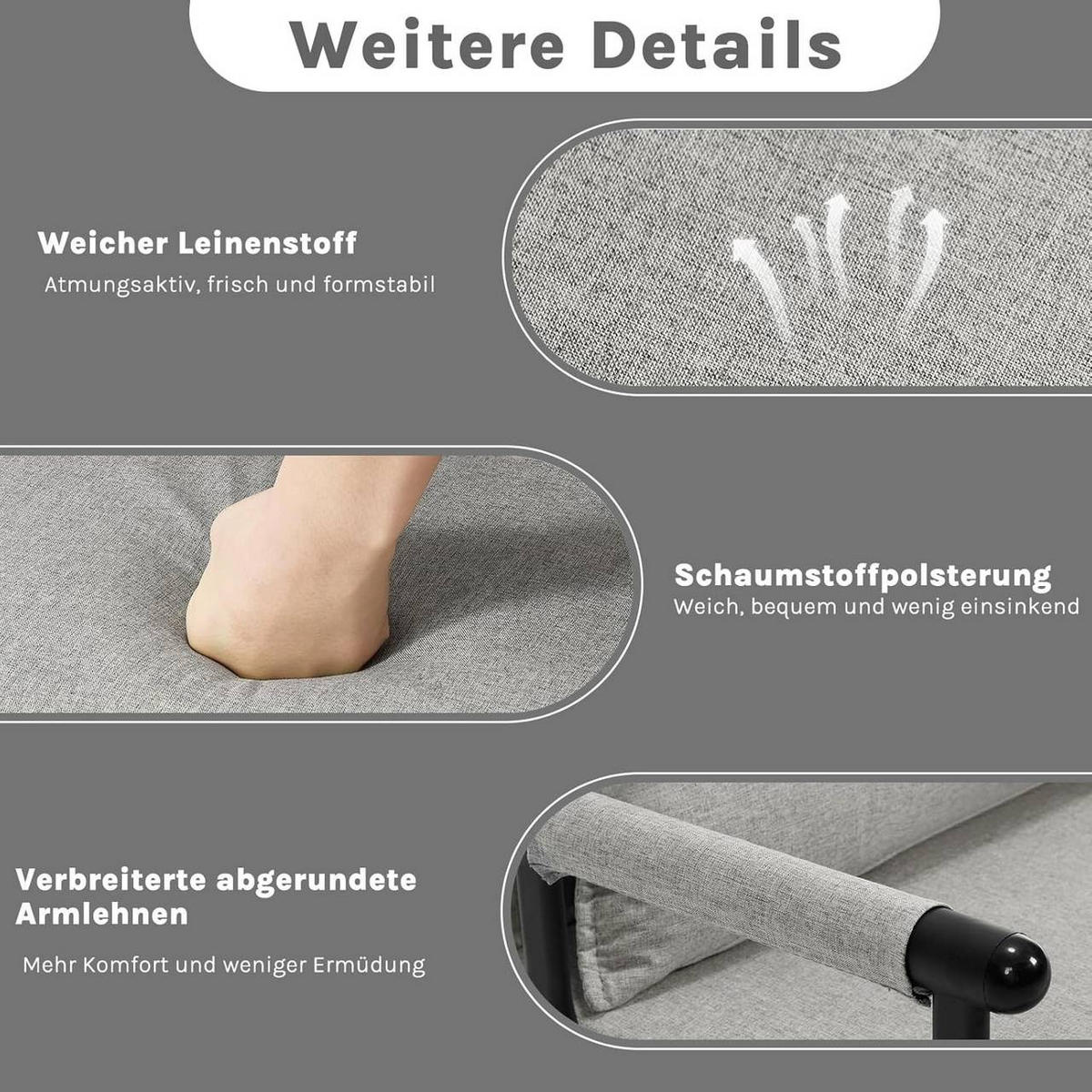 SCHLAFSESSEL 3 in 1, mit Verstellbarer Rückenlehne, Leinen Hellgrau - Hellgrau/Schwarz, Textil/Metall (65/78/75cm) - Woltu