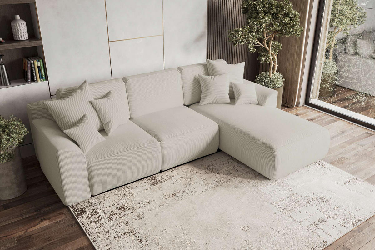 ECKSOFA GUSTO Cordstoff Greige Rechts inkl. Schlaffunktion - Chromfarben/Greige, Kunststoff/Textil (295/194cm) - 99rooms