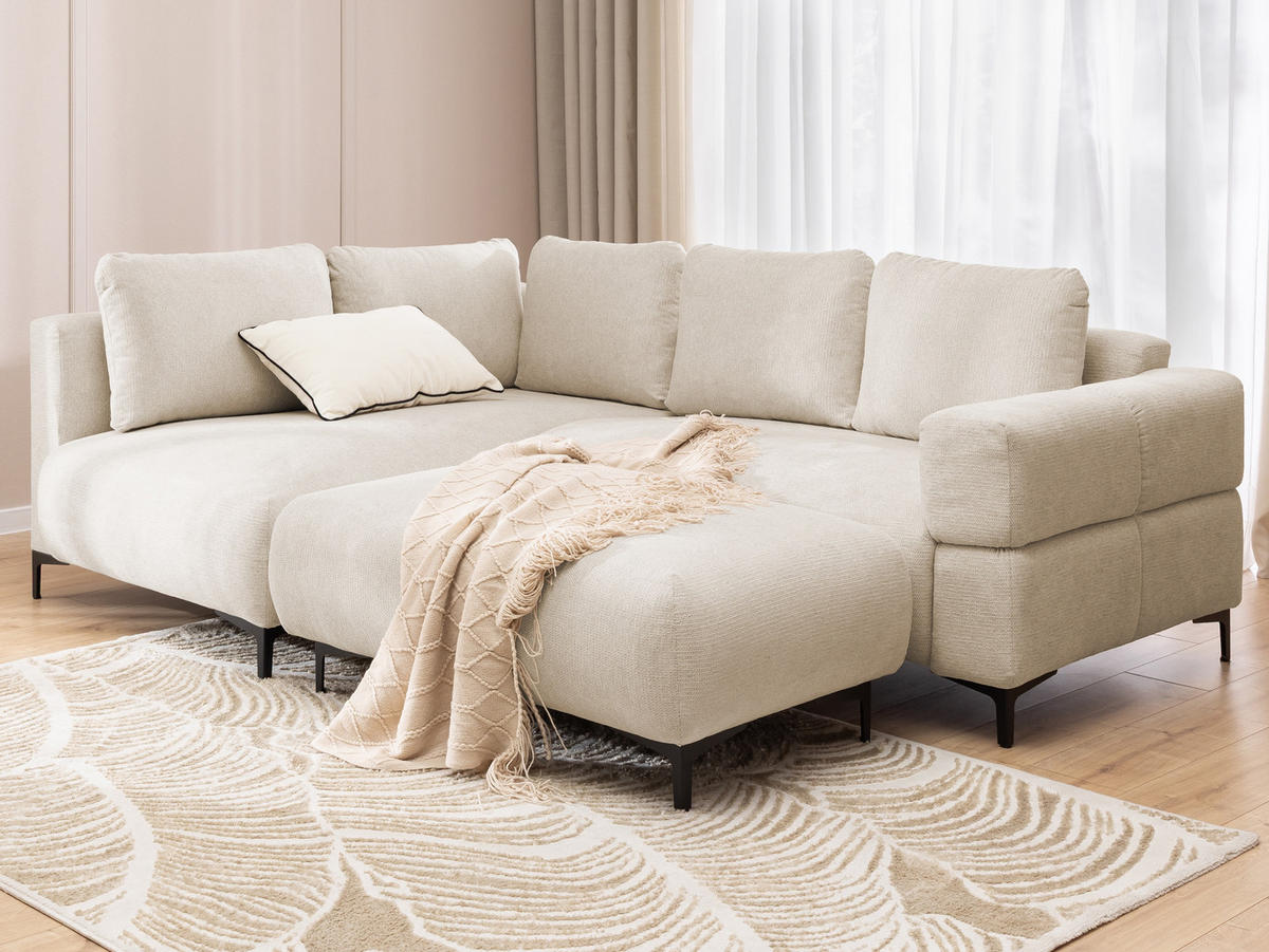 ECKSOFA inkl. Hocker Cardea mit Schlaffunktion in Bubble-Optik aus weichem Hellbeige Strukturstoff und hohem Sitzkomfort - Ottomane links - Beige/Schwarz, Holz/Textil (170/230cm) - S-Style Möbel