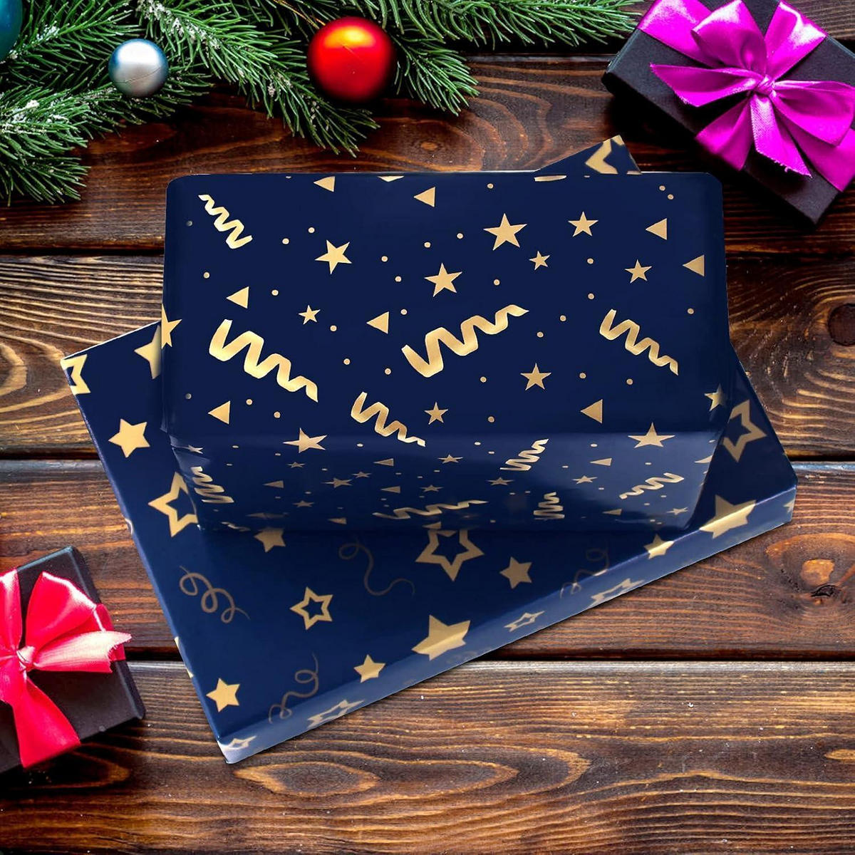 GESCHENKPAPIER Set Dunkelblau Gold 5 Bögen - Dunkelblau, Papier (15/0.6/20cm)
