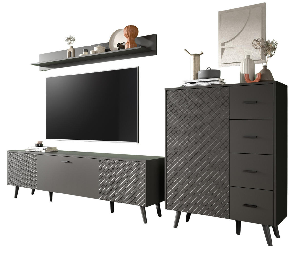 WOHNWAND grau matt 3-teilig 269 cm, Schrankwand mit Struktur - Schwarz/Grau, Holzwerkstoff/Metall (269/175/40cm) - Inn.Furn