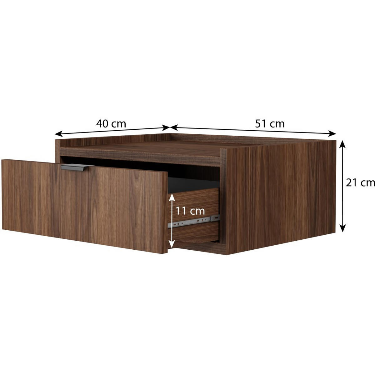 NACHTTISCH Evron mit 1 Schublade, Hängender, Walnuss - Walnussfarben/Schwarz, Holzwerkstoff/Metall (51/21/40cm) - Beautysofa