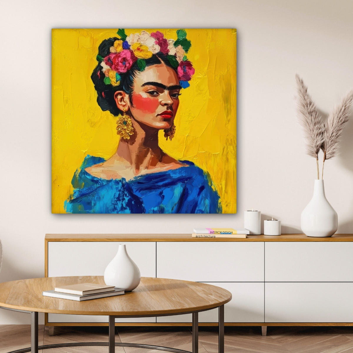 LEINWANDBILD Frida Kahlo - Frau - Gelb - Blau - Blumen 90x90 cm - Gelb, Textil (90/90cm) - MuchoWow