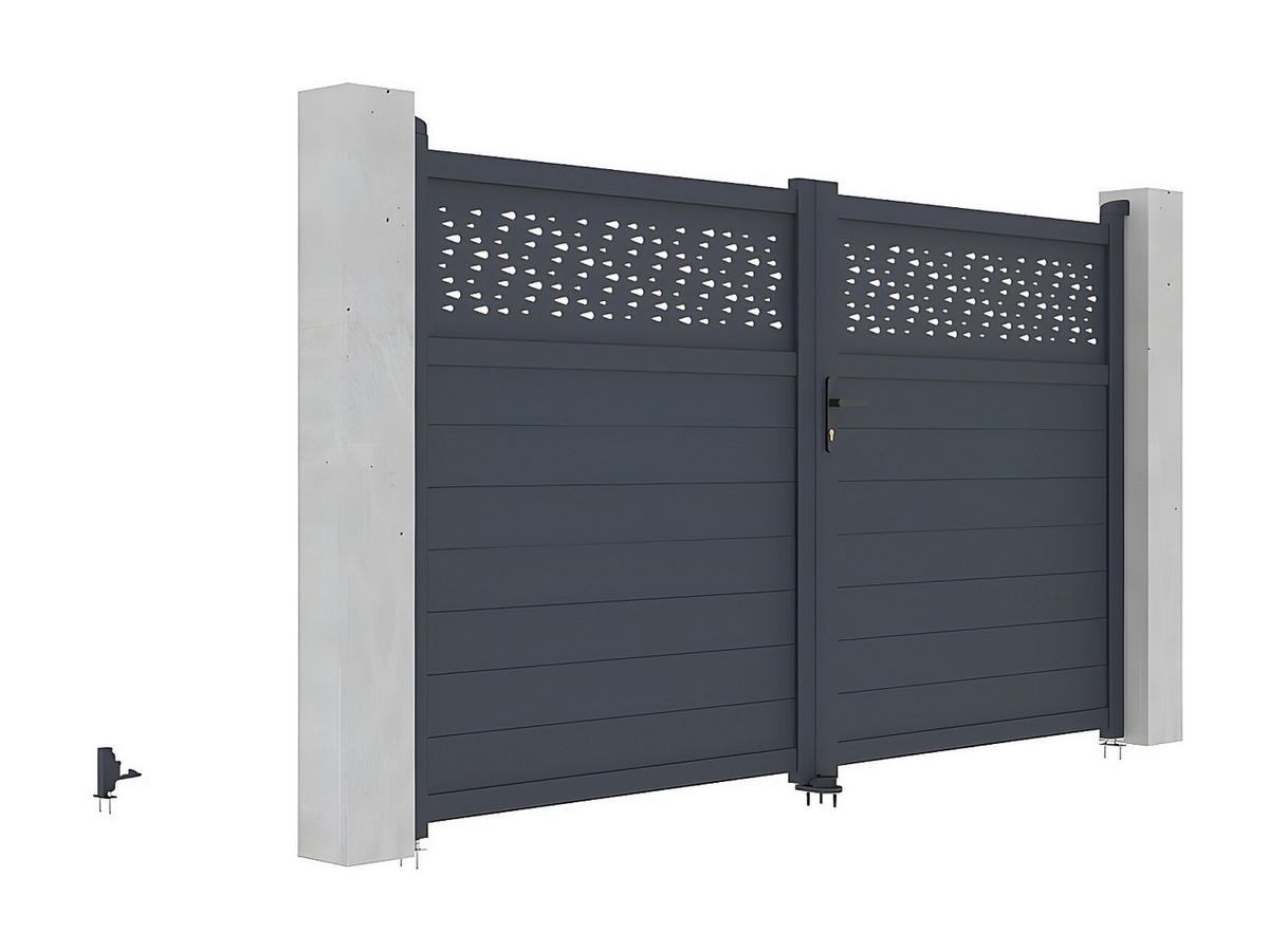 GARTENTOR Flügeltor - 305 x 181 cm - Aluminium - Halbvoll mit Muster - Anthrazit - BAZIO - Anthrazit, Metall (300/176cm) - Vente-Unique