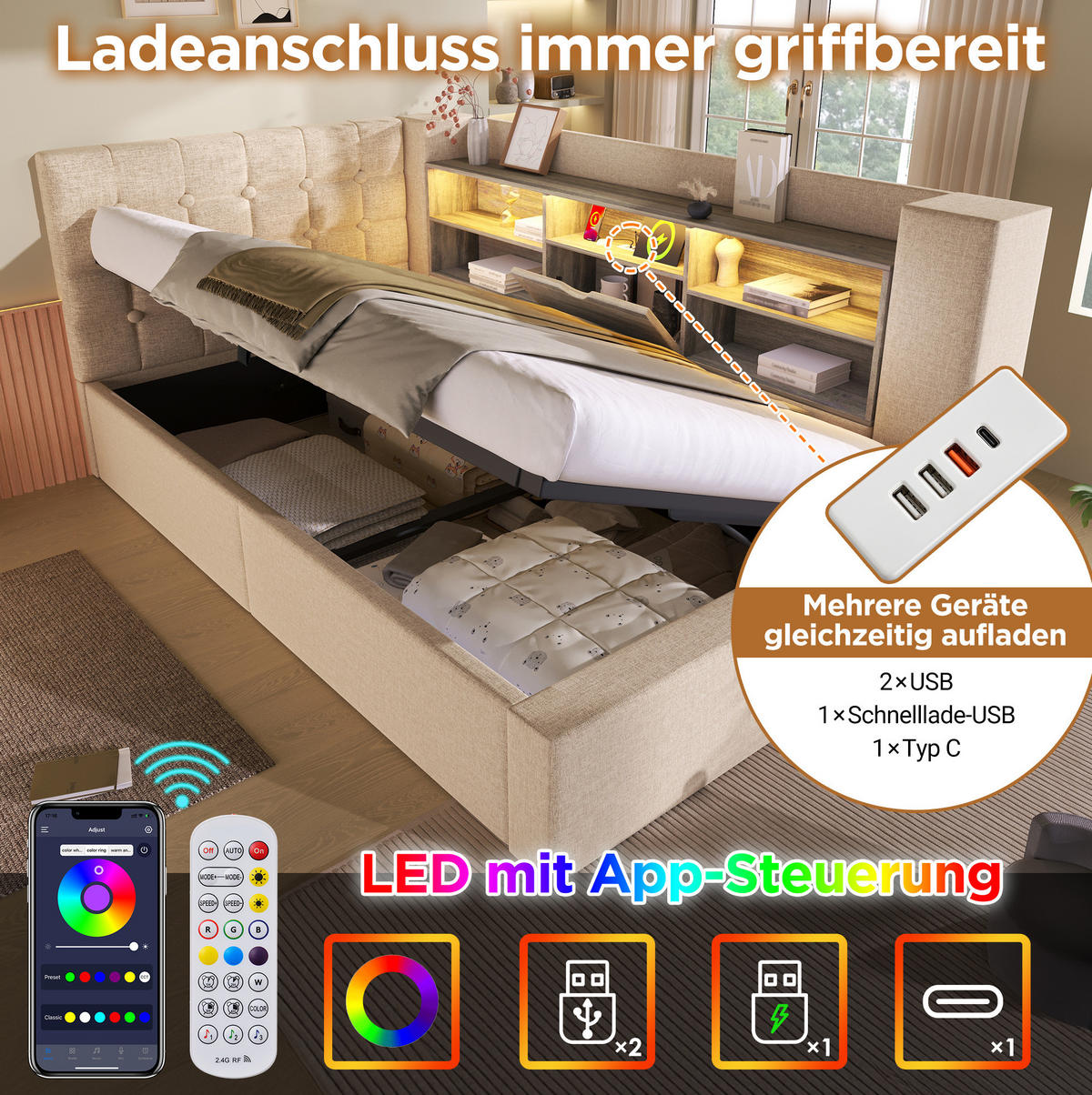 POLSTERBETT aus Leinenstoff 140x190 cm Beige mit LED-Beleuchtung, Ladeanschlüssen und Stauraum - Beige, Textil (140/190cm) - IVMEU