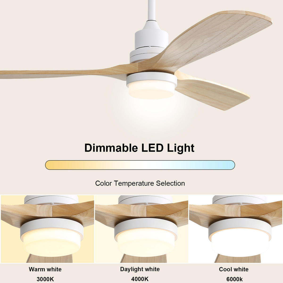 DECKENVENTILATOR 52Zoll LED Licht Holzflügel DC Motor Dimmbar - Weiß, Kunststoff (132/132/52cm) - CASIVA