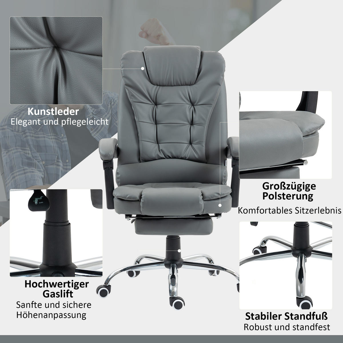 CHEFSESSEL Bürostuhl mit Fußstütze, Schreibtischstuhl mit Neigefunktion Grau - Grau, Kunststoff (69/117/64.5cm) - HOMCOM